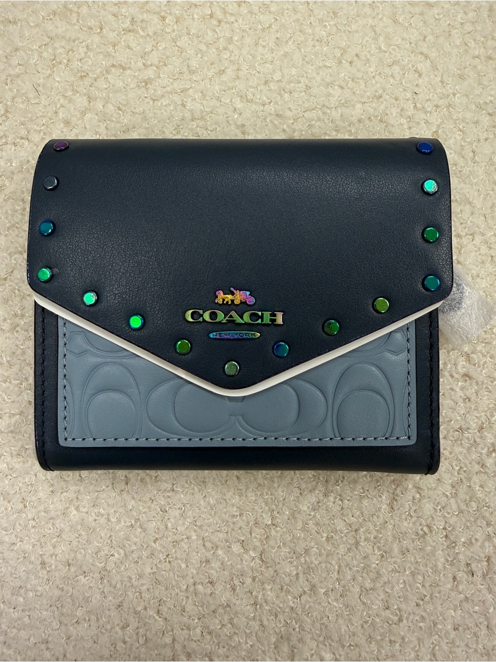 Extremely rare! COACH Navy and Light Blue Studded Leather Trifold Wallet